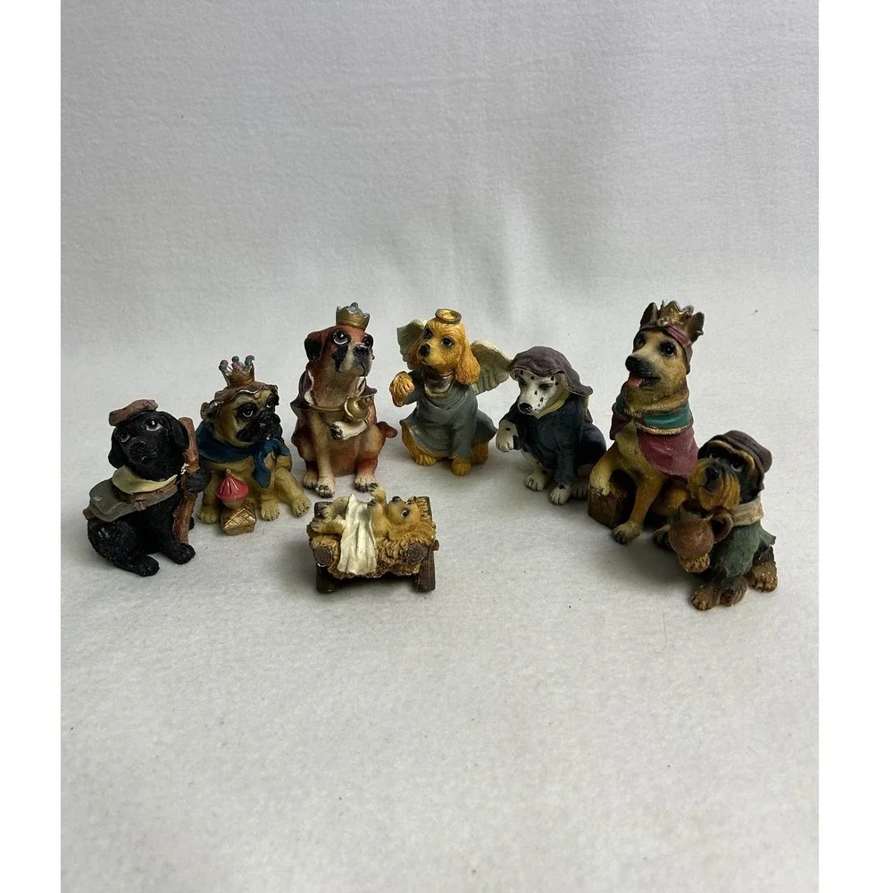 Christmas Dog Nativity 8 Piece Set Multicolor Resin Puppy Figurines‎